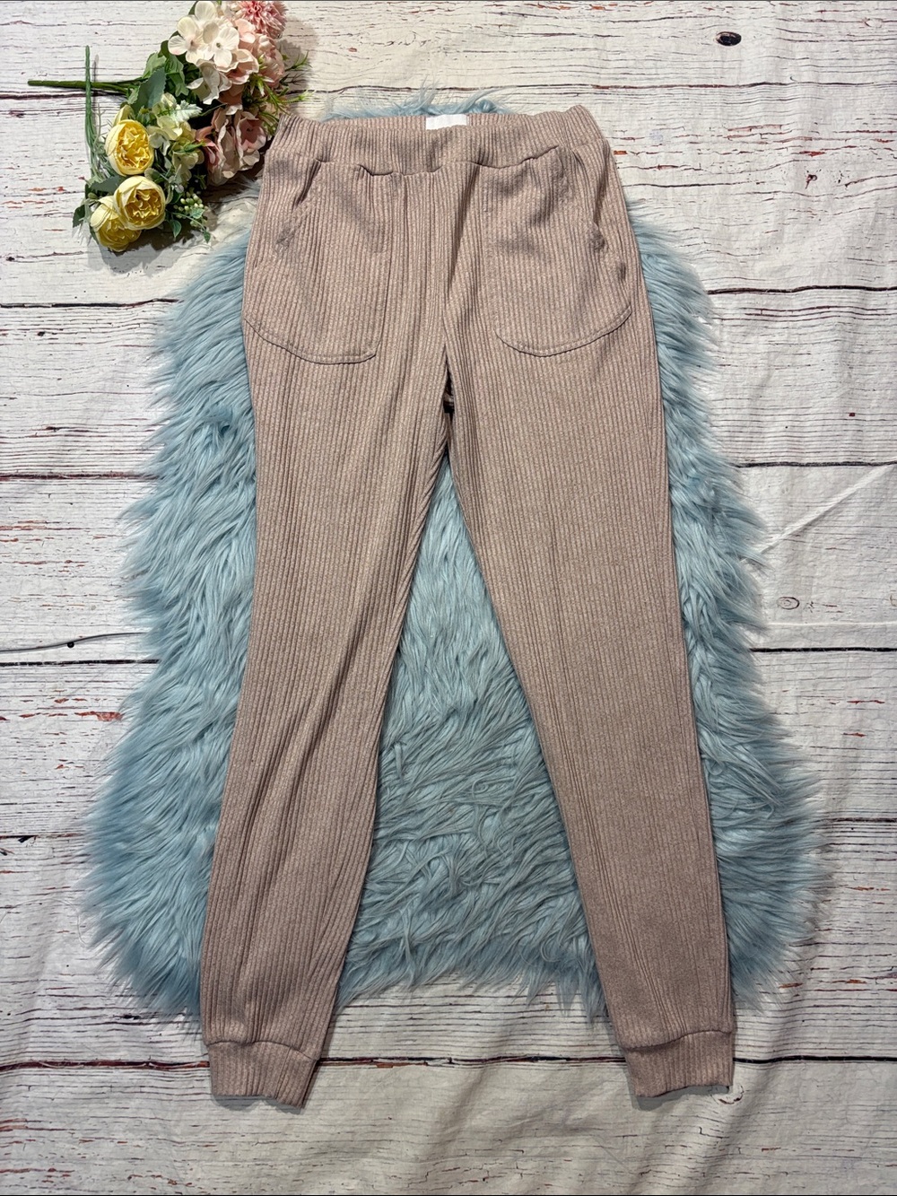 Allfenix Ribbed Taupe Drawstring Pocket Jogger Sweatpants
